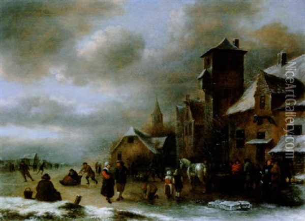 Eisvergnugen Vor Einem Hollandischen Stadtchen Oil Painting - Nicolaes Molenaer