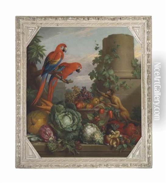 Two Scarlet Macaws Perched On A Tree Branch By A Monkey And A Basket Of Fruit And Vegetables On A Ledge, In A Classical Landscape With Ruins Oil Painting - Tobias Stranovius