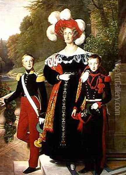 Marie Amelie of Bourbon Sicile 1782-1866 and her sons Henri of Orleans 1822-97 Duke of Aumale and Antoine 1824-90 Duke of Montpensier Oil Painting - Louis Hersent