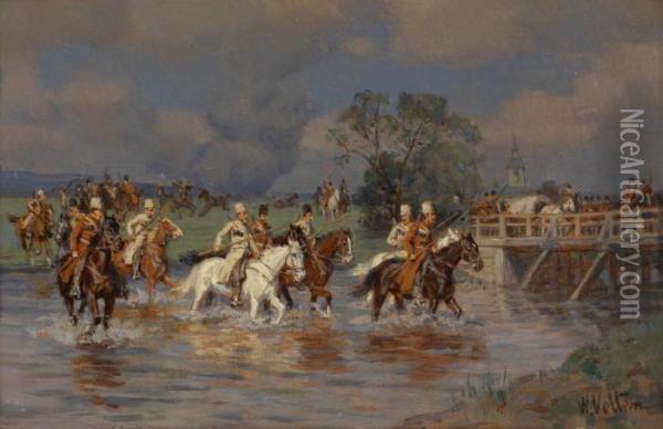 Riderscrossing A Ford Oil Painting - Wilhelm Velten