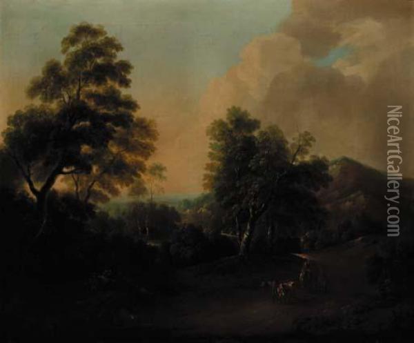 An Extensive Wooded Landscape With Drovers And Cattle In The Foreground Oil Painting - Thomas Barker of Bath