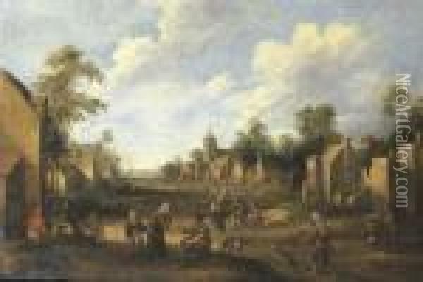 A Village Landscape With Travellers And Peasants In A Street Oil Painting - Joost Cornelisz. Droochsloot