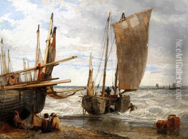 Fishing Vessels And Fishermen On The Shore Oil Painting - Edward William Cooke