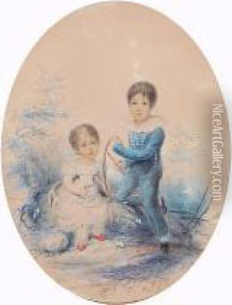 A Young Boy And His Sister In A Landscape Oil Painting - William John Thompson