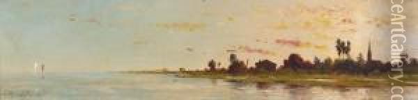 Kustenpartie In Der Lagune Von Venedig Mit Kleiner Kirche. Oil Painting - Enrico Meneghelli