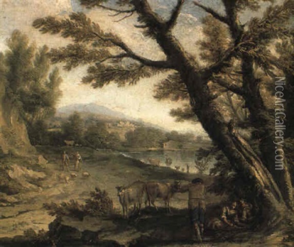 River Landscape With Travellers Approaching A Herdsman Oil Painting - Antonio Diziani