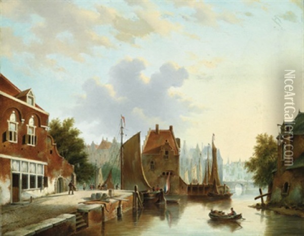 Hollandische Kanallandschaft Mit Kontoren Und Wohnhausern Oil Painting - Petrus Augustus Beretta
