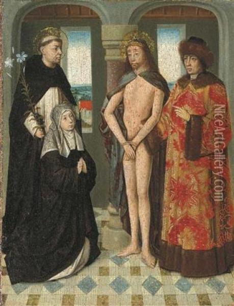A Nun Supported By A Dominican Saint Adoring A Vision Of Christ The Man Of Sorrows Presented By Pontius Pilate Oil Painting - Petrus Christus