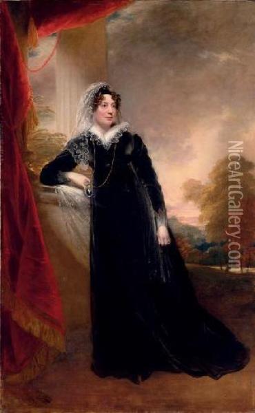 Portrait Of Mrs. Calverley 
Bewicke, Full-length, In A Black Dress, Her Right Arm On A Ledge, A 
Cameo Portrait In Her Hand, A Landscape Beyond Oil Painting - Sir William Beechey