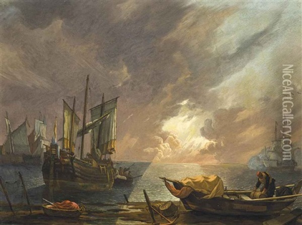 A Mediterranean Coastal Landscape At Dusk, With Fishermen Unloading Their Boats, And A Man-o-war Beyond Oil Painting - Lieve Pietersz Verschuier