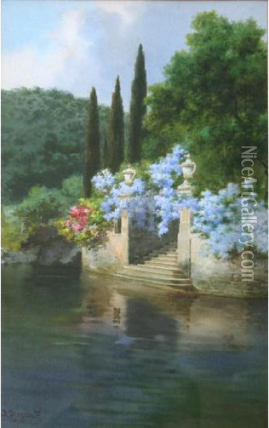 A Waterfront Garden Oil Painting - Alberto Prosdocimi