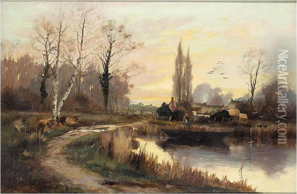 River Landscape Oil Painting - William Charles Rushton