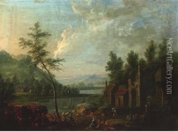 A River Landscape With Figures Resting By A Hamlet Oil Painting - Maximilian Blommaerdt