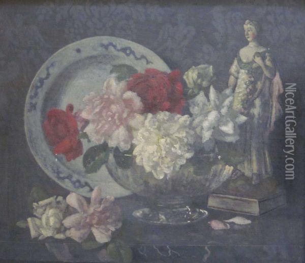Roses & Staffordshire Figure Oil Painting - George Frederick A. Belcher