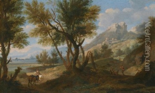 An Italianate Landscape With A Muleteer On A Wooded Path, A River And Mountains Beyond Oil Painting - Jacob De Heusch
