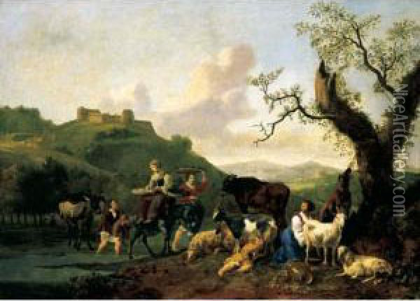 A River Landscape With Drovers And Their Animals Oil Painting - Hendrick Mommers