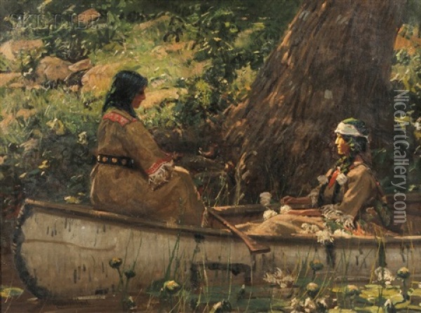 Two Indians In A Canoe, Forest Interior Oil Painting - Gilbert Gaul