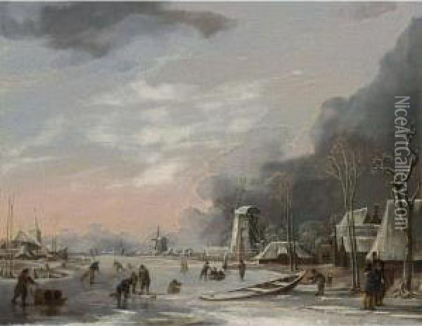 A Winter Landscape With Figures 
Skating, Playing Kolf And Pushings Sleighs On The Ice, Windmills, A 
Church And Houses Beyond At Sunset Oil Painting - Hendrick Dubbels
