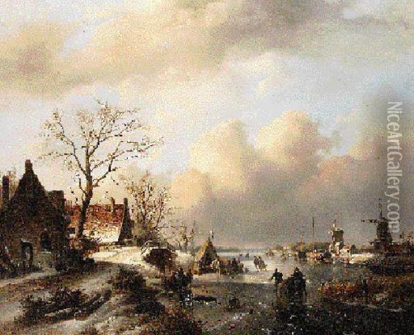 A Dutch Winter Landscape With Skaters On A Frozen River Oil Painting - Jan Jacob Coenraad Spohler