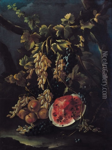 Natura Morta Con Uva Cornicella, Mele E Anguria Spezzata Oil Painting - Giovanni Battista Ruoppolo