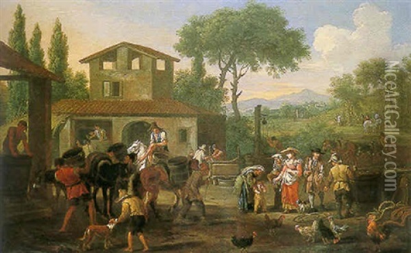 The Vendage: An Elegant Couple Visiting A Vineyard Oil Painting - Pieter van Bloemen
