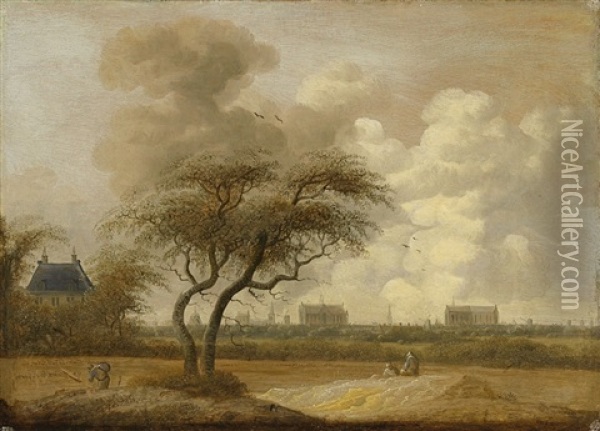 Niederlandische Landschaft Mit Der Stadtsilhouette Von Leiden Oil Painting - Jacob Van Der Croos