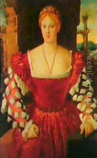 Portrait Of A Lady, Standing Three-quarter Length, Wearing  A Red Velvet Dress With White Sleeves Oil Painting - Bonifazio de Pitati
