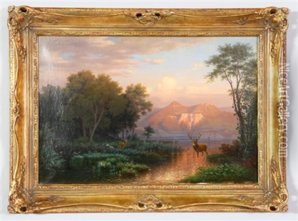 Landscape With Forest And Mountains, Lake And Deer Oil Painting - Hermann Herzog