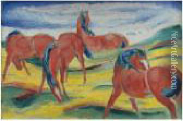 Weidende Pferde Iii (grazing Horses Iii) Oil Painting - Franz Marc