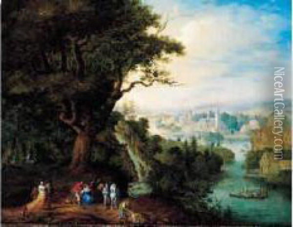 Paysage Fluvial Aux Promeneurs Oil Painting - Balthasar Beschey