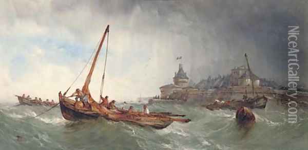 Fishing vessels in a squall off Saint Malo, France Oil Painting - Alfred Herbert