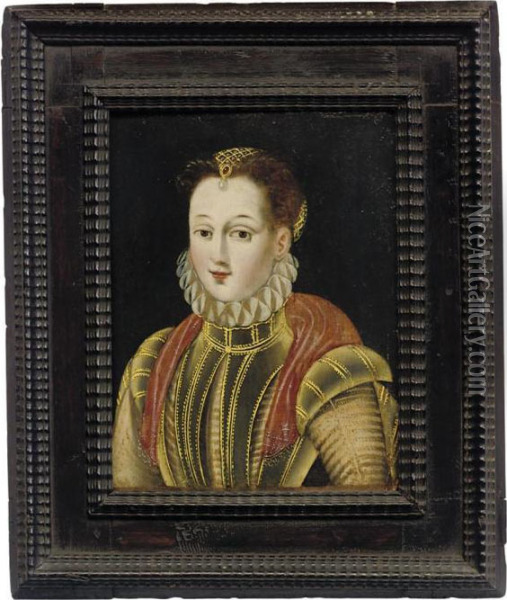Portrait Of A Noblewoman, Small-half-length, In A Slashed Greendress With A Crimson Wrap Oil Painting - Francois Clouet