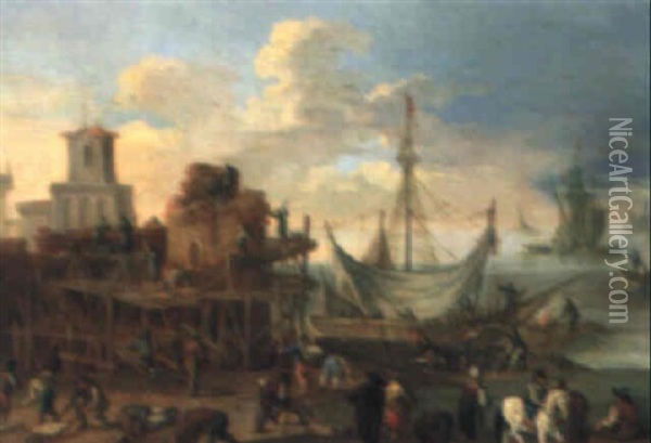 Hafenszene Mit Schiffbauern Oil Painting - Hendrick Frans van Lint