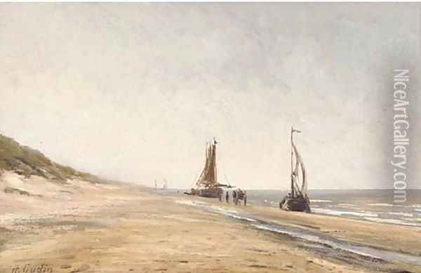 Fishing boats at low tide Oil Painting - Herminie Gudin