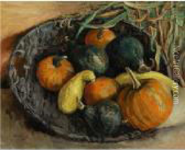 Pumpkins And Gourds In A Basket Oil Painting - Walt Kuhn