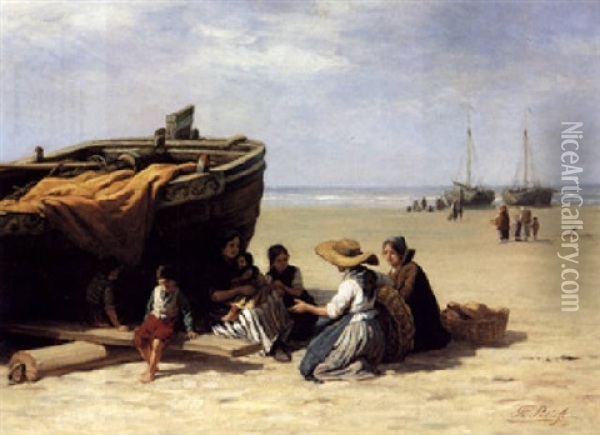 Fisherwomen With Children On Scheveningen Beach Oil Painting - Philip Lodewijk Jacob Frederik Sadee