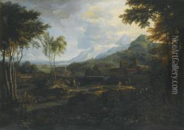 An Extensive Mountainous Landscape With Buildings, Riders And Other Figures Oil Painting - Maximilian Joseph Schinnagl