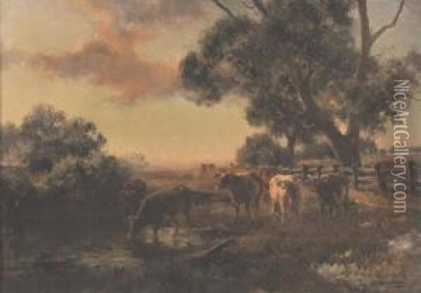 Cattle By A Stream Oil Painting - Jan Hendrik Scheltema