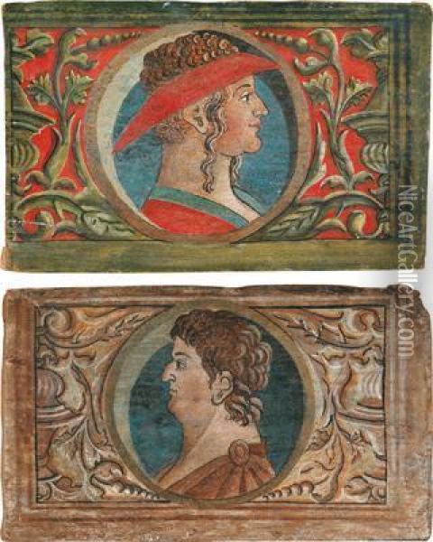 Ritratto Maschile Con Cappello Alla Moda E Ritratto Di Imperatore Romano Oil Painting - Bonifacio Bembo