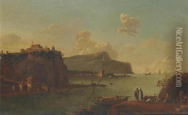 A Coastal Landscape With Figures On A Harbour, A Fortified City Beyond Oil Painting - Thomas Wyck