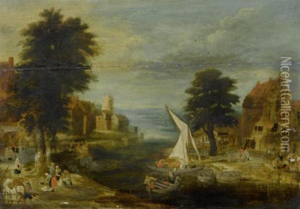 Town By A River With Tradespeople And Fishermen Oil Painting - Jan The Elder Brueghel
