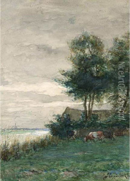 Cows In A Polder Landscape Oil Painting - Geo Poggenbeek