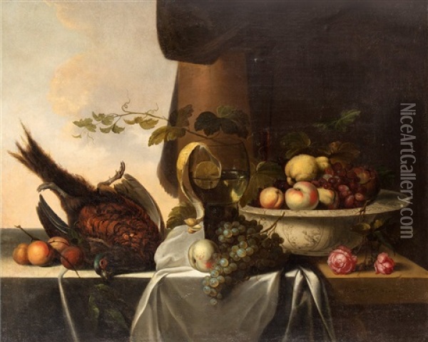 Still Life With Pheasant, Roemer With Lemon And Bowl With Fruits Oil Painting - Michiel Simons