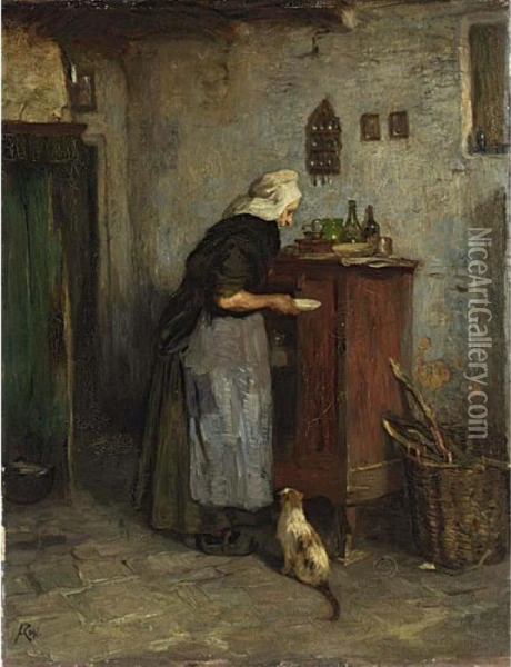 Feeding The Cat; Together With A Work By Roland Larij Oil Painting - Jacques Abraham Zon