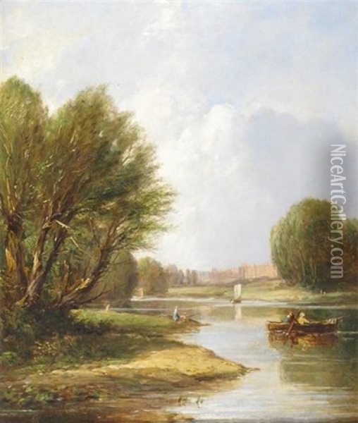 View Of Windsor Castle (+ Hampton Court From The Thames; Pair) Oil Painting - Samuel David Colkett