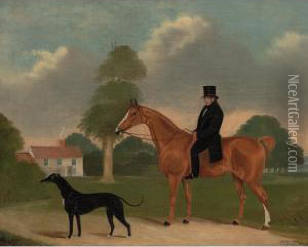A Gentleman Mounted On His Chestnut Hunter With A Greyhound In The Grounds Of A Country House Oil Painting - J. Hobart Of Monks Eleigh