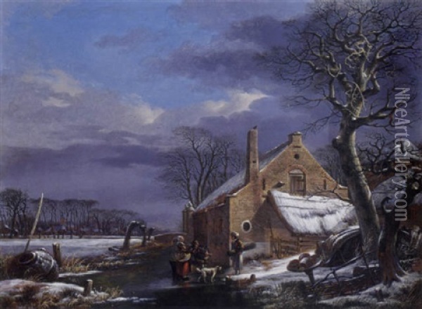 A Winter Landscape With Figures And A Dog On A Frozen Ditch Near A Farmhouse, A Village In The Background Oil Painting - Arnoldus Van Well