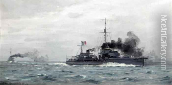 French Battleship With Another In The Distance Oil Painting - Christian Benjamin Olsen