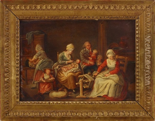 Borgerlig Interior Med Sidenvavarfamilj Oil Painting - Adolf Ulrik Wertmuller
