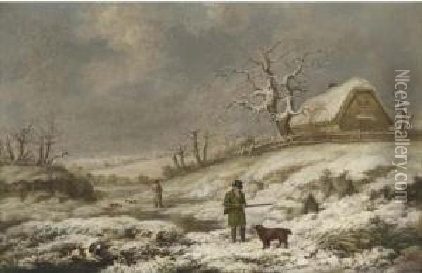 Snipe Shooting In A Winter Landscape Oil Painting - James Barenger
